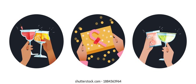 Holiday Set. Modern Flat Vector Concept Illustrations. Badges with Hands Holding Cocktails and Gift, Cheers. Social Media Ads.