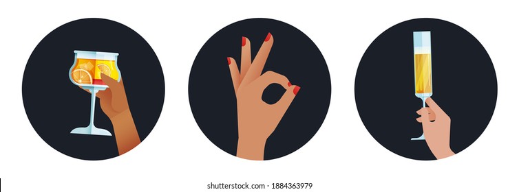 Holiday Set. Modern Flat Vector Concept Illustrations. Badges with Hand Holding Cocktail, Okay Sign, Cheers. Social Media Ads.