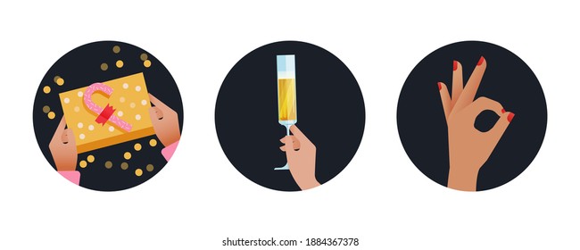 Holiday Set. Modern Flat Vector Concept Illustrations. Badges with Hands Holding Gift, Glass with Drink, Okay Sign. Social Media Ads.