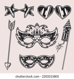 Holiday set monochrome elements vintage from glasses for festive parties or masquerade ball with firecracker and cupids arrow vector illustration