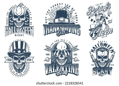 Holiday set monochrome posters vintage invitation to celebrate USA Independence Day or attend Halloween party and Thanksgiving vector illustration