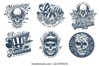 Holiday set monochrome vintage posters with flowers for valentine day gift and Christmas elf or skull mummy Halloween vector illustration