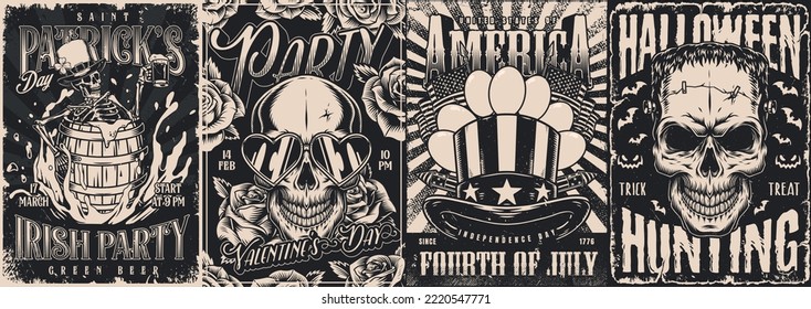 Holiday set monochrome vintage posters invitation for Irish Saint Patrick party or American independence day and Halloween vector illustration