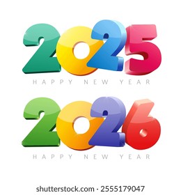 Holiday set of new year icons 2025 and 2026. Cute 3D colourful design. Web site banner. Merry Christmas and A Happy New Year congrats. Isolated numbers 20 25 26. Horizontal template. Special offer set