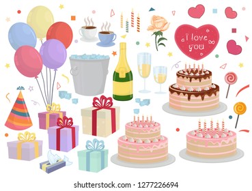 Holiday set with objects: gift, balloons, candles, cake, champagne, glass, ice bucket, hat, coffee, candy, candy, flower, heart. Vector design elements isolated on white-Vector