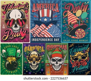 Holiday set posters colorful vintage with skulls inviting to celebrate Valentine day or Saint Patrick day and Christmas vector illustration