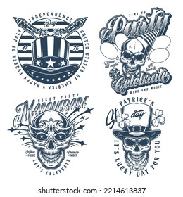 Holiday set posters monochrome vintage with faces dead among festive paraphernalia Saint Patrick Day or birthday party vector illustration