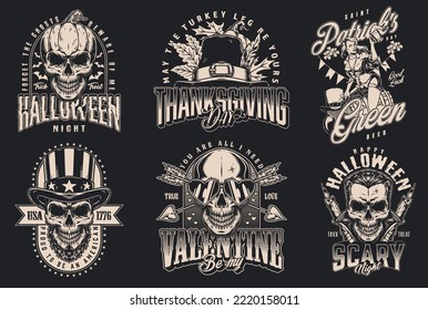 Holiday set posters monochrome vintage faces dead with inscriptions valentine day or saint Patrick day and scary Halloween vector illustration