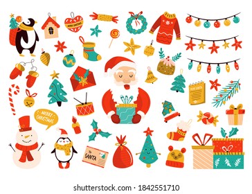 Holiday set with Santa Claus, cute snowman and decorative Christmas elements. Colorful Festive vector illustrations