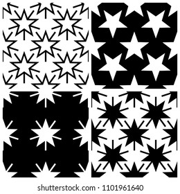 Holiday set of seamless patterns with black and white stars. Endless background vector illustration, image.