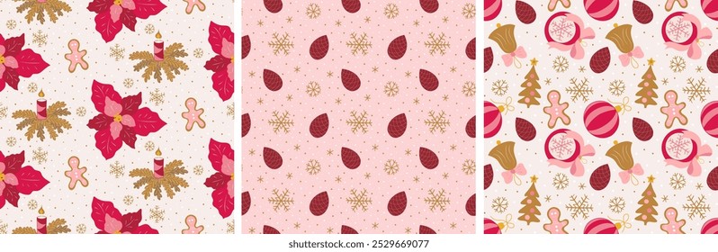 Holiday set of seamless patterns with Christmas items, festive background for packaging and gifts. Vector illustration
