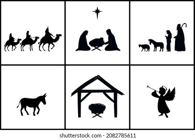 Holiday set silhouettes Christmas christian Nativity  Bible story Mary Joseph   baby Jesus in manger  star Bethlehem  three wise men  shepherds  angel  Religious vector greeting card