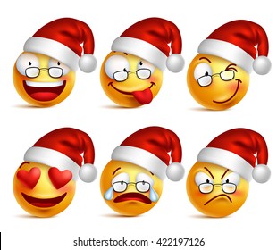 Holiday Set of Smiley face yellow emoticons with facial expressions and christmas hat in glossy 3D realistic isolated in white background. Vector illustration
