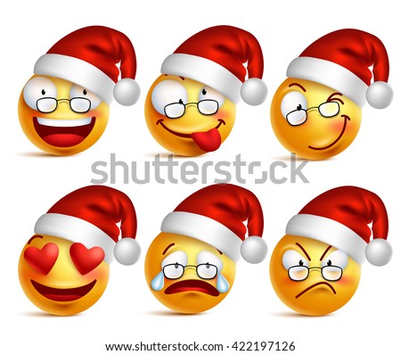 Holiday Set of Smiley face yellow emoticons with facial expressions and christmas hat in glossy 3D realistic isolated in white background. Vector illustration

