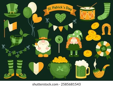 Holiday set for St. Patrick's Day. Vector illustration of traditional elements of the holiday. Suitable for stickers, postcards, posters, flyers.