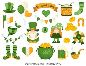 Holiday set for St. Patrick's Day. Vector illustration of traditional elements of the holiday, shamrock, leprechaun, hat, money, horseshoe. Suitable for stickers, postcards, posters, flyers.