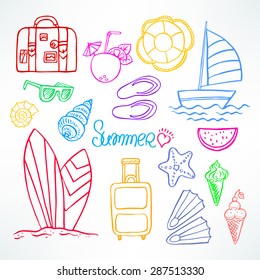 Holiday. Set of summer symbols. Hand drawn illustration