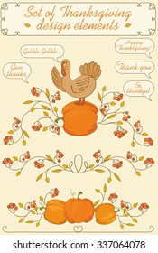 Holiday set of thanksgiving design elements. Talking turkey bird, slim frame, plant vignettes, pumpkins, brunch with berries and leaves.