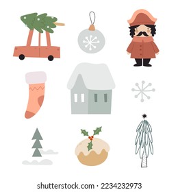 holiday set with thematic elements. Christmas. Colorful vector illustration, flat style. hand drawing.