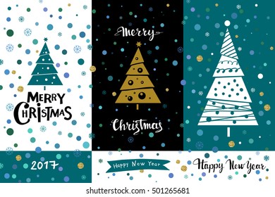 Holiday set of three greeting card. Merry Christmas and Happy New Year hand-drawn inscription. Stylish fir-tree.