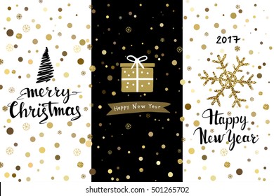 Holiday set of three greeting card. Merry Christmas and Happy New Year hand-drawn inscription. Stylish fir-tree, gift and gold snowflake.