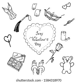 Holiday set for Valentine's Day, the theme of sexuality: female corset, box of chocolates, candles, mask, rose, handcuffs, teddy bear, sky lanterns, postcards.
Vector illustration on a white backgroun