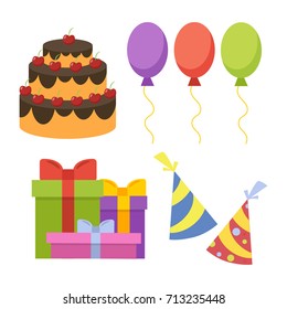 Holiday set. Vector design elements. Cake, air balloons, gifts, festive cap