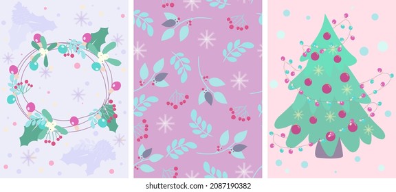 Holiday set of vector greeting cards. Nice, delicate colors and Christmas images
