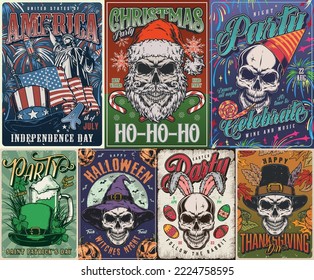 Holiday set vintage flyers colorful scary faces are invited to celebrate Christmas or Easter and thanksgiving day vector illustration
