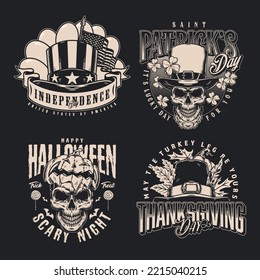 Holiday set vintage flyers monochrome with USA Independence Day greetings and thanksgiving hat or skull with Halloween pumpkin vector illustration