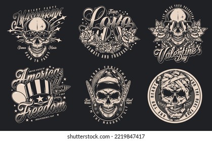 Holiday set vintage flyers monochrome for Independence day of America and Christmas elf or mummy skulls for Halloween vector illustration