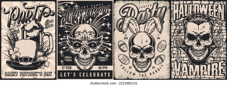 Holiday set vintage flyers monochrome beer Saint Patrick celebration and masked skull for carnival near with Halloween vampire vector illustration