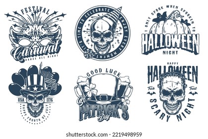 Holiday set vintage monochrome posters with carnival mask and skulls with inscription Halloween or USA independence day invitation vector illustration