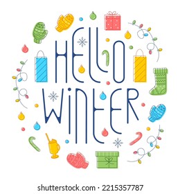 Holiday set of winter items, lettering hello winter