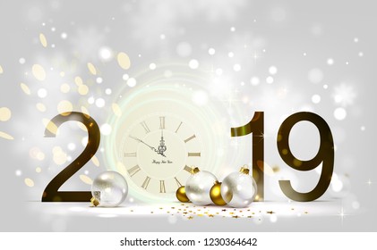 Holiday shine light Background and festive baubles. New Year Midnight on the Clock 2019.