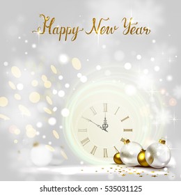 Der helle Hintergrund des Urlaubs und die festlichen Bausteine. Neujahr Mitternacht auf der Uhr.