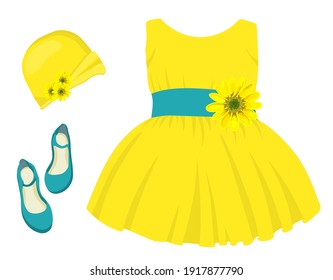 holiday shoes for girls, children's model shoes. Beautiful ball gown dress. Skirt with tulle and bow. Princess outfit. Vector illustration isolated.