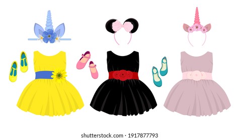 zapatos de vacaciones para niñas, zapatos de modelo para niños. Hermoso vestido de vestido de bata de bolas. Falda con tul y arco. Ropa de princesa. Ilustración vectorial aislada.