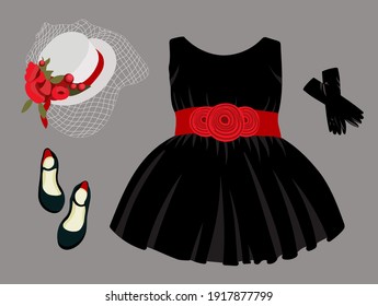 holiday shoes for girls, children's model shoes. Beautiful ball gown dress. Skirt with tulle and bow. Princess outfit. Vector illustration isolated.