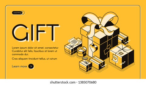 Holiday shopping discounts, Valentine sales campaign isometric vector web banner, landing page template. Wrapped in cardboard boxes with ribbon bow, hearts and greeting card presents illustration