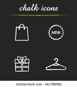 Holiday shopping icons set. Paper bag, new sticker, gift box and hanger illustrations. Clothes store items. Isolated vector chalkboard drawings