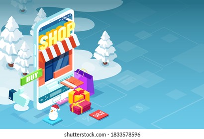 Holiday shopping online via modern mobile phone app concept 