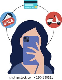 Holiday shopping online. Young woman makes purchases in the Internet. Freelancer pays by using smartphone on Black Friday. Happy girl is enjoying buying gifts and sitting by window with laptop at home