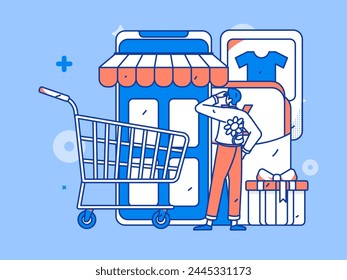 Holiday shopping people doing e-commerce online shopping flat vector concept operation hand drawn illustration
