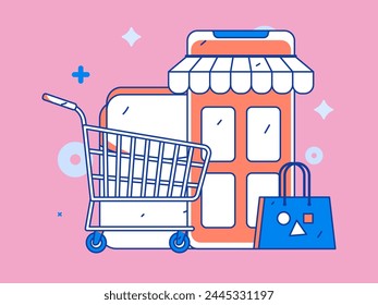 Holiday shopping people doing e-commerce online shopping flat vector concept operation hand drawn illustration
