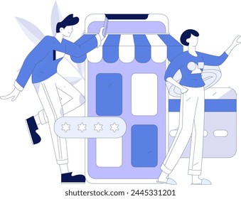 Holiday shopping people doing e-commerce online shopping flat vector concept operation hand drawn illustration
