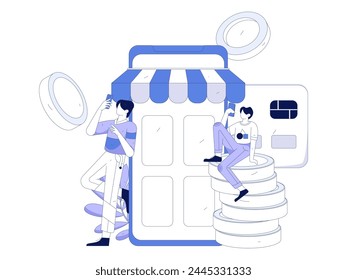 Holiday shopping people doing e-commerce online shopping flat vector concept operation hand drawn illustration
