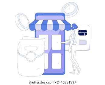 Holiday shopping people doing e-commerce online shopping flat vector concept operation hand drawn illustration
