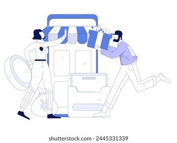 Holiday shopping people doing e-commerce online shopping flat vector concept operation hand drawn illustration
