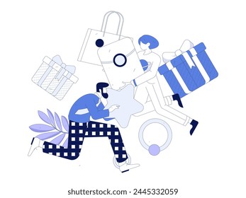 Holiday shopping people doing e-commerce online shopping flat vector concept operation hand drawn illustration
